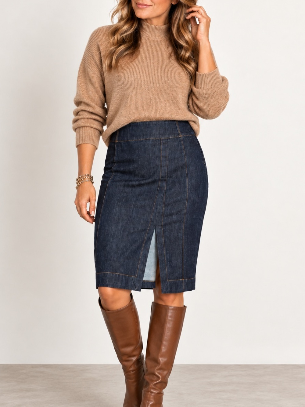 White House Black Market Denim Pencil Skirt Dark Wash Front Slit Size 4 NWOT